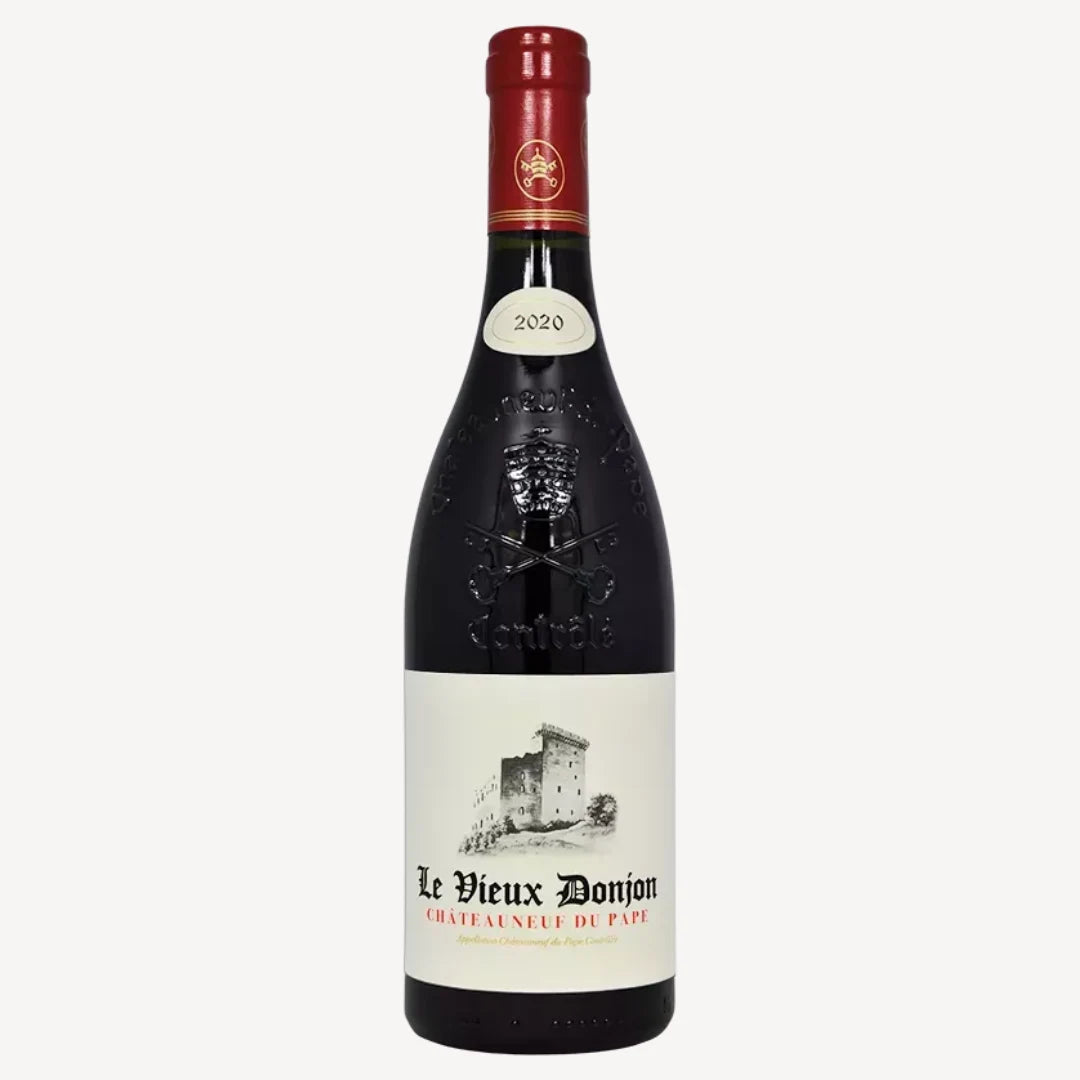 A bottle of Le Vieux Donjon Châteauneuf-du-Pape 2020 red wine. The main label is white and features a black and white drawing of a stone castle or fortress, with the producer's name, "Le Vieux Donjon," in black, and "CHATEAUNEUF DU PAPE" in red. The bottle is dark glass with a dark red foil cap.