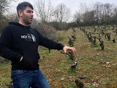 Wine producer César Márquez pointing to vines in a vineyard in El Bierzo during the winter season.